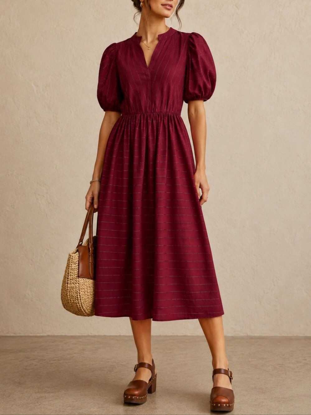 JCPenney Vintage Burgundy V Neck Balloon Sleeve Stripe Shimmer Midi Dress